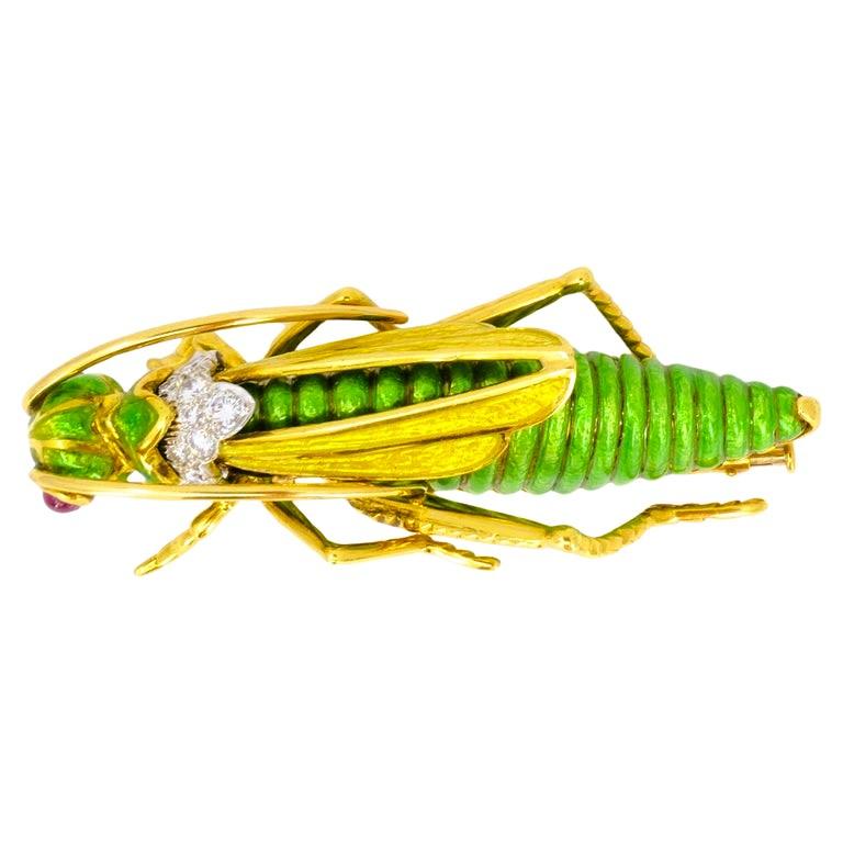 David Webb Vintage Broche Gold Grasshopper Enamel Gemstones Estate Jewelry en vente 1