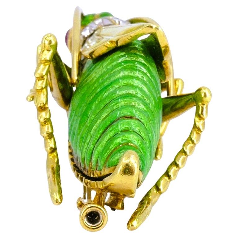 David Webb Vintage Broche Gold Grasshopper Enamel Gemstones Estate Jewelry en vente 2