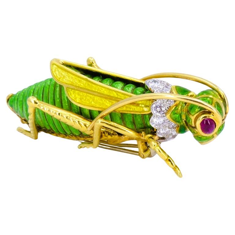 David Webb Vintage Broche Gold Grasshopper Enamel Gemstones Estate Jewelry en vente 4