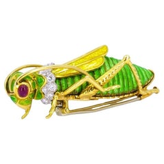 David Webb Retro Brooch Gold Grasshopper Enamel Gemstones Estate Jewelry