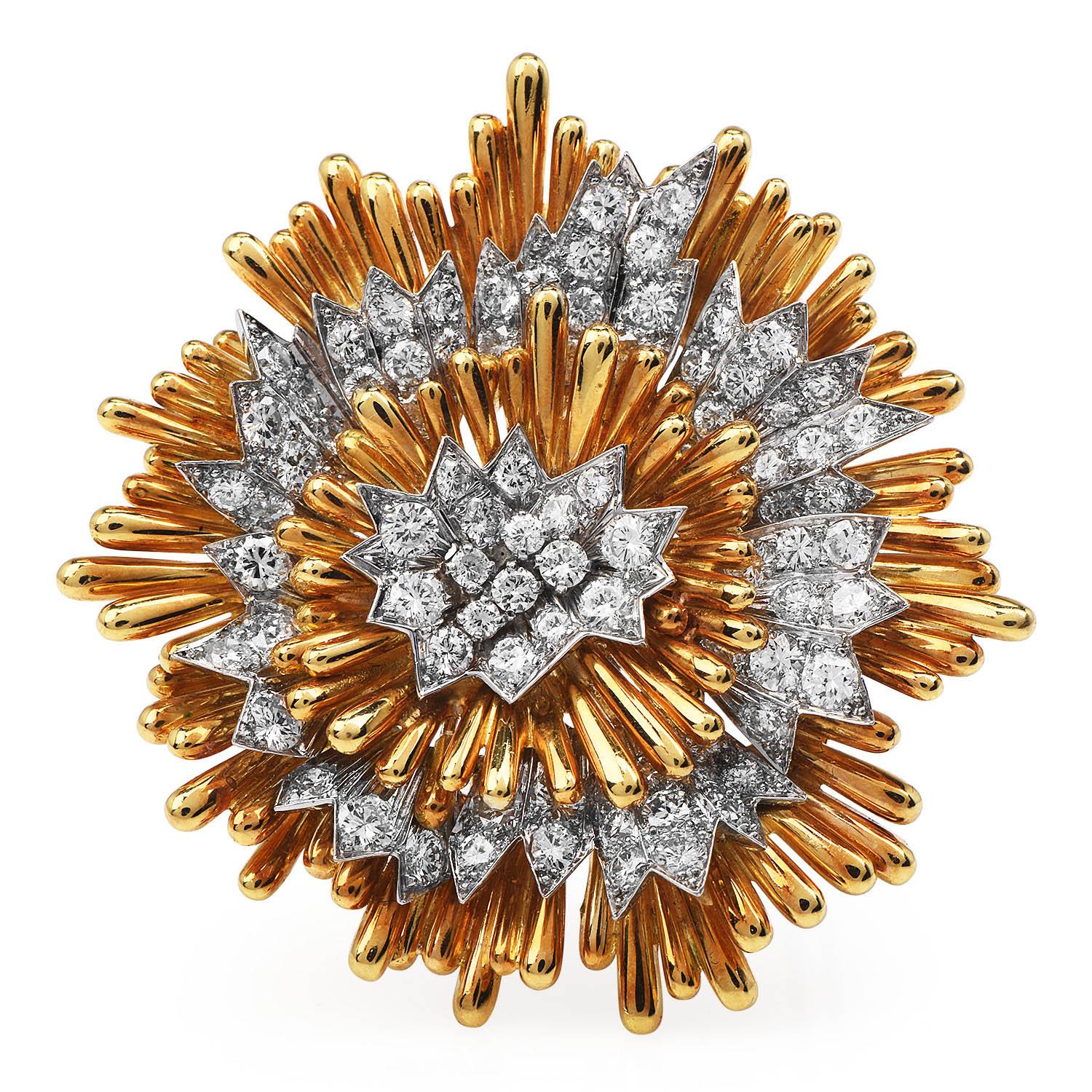 This remarkably created David Webb vintage brooch pin and pendant was inspired by a floral motif and crafted in Platinum and 18Kyellow gold.

Each petal is meticulously detailed with a fine-cut line. 

Pattern around the edges and a sandblasted look