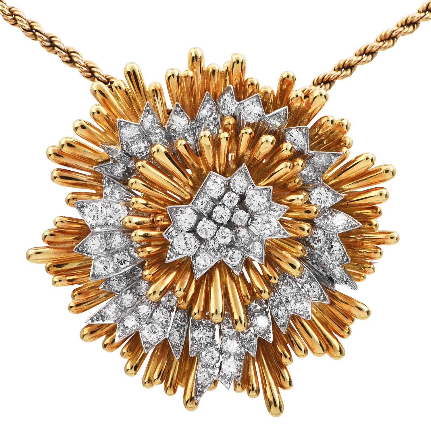 Rétro David Webb Vintage Diamond Floral  Broche et pendentif en platine 18K en vente
