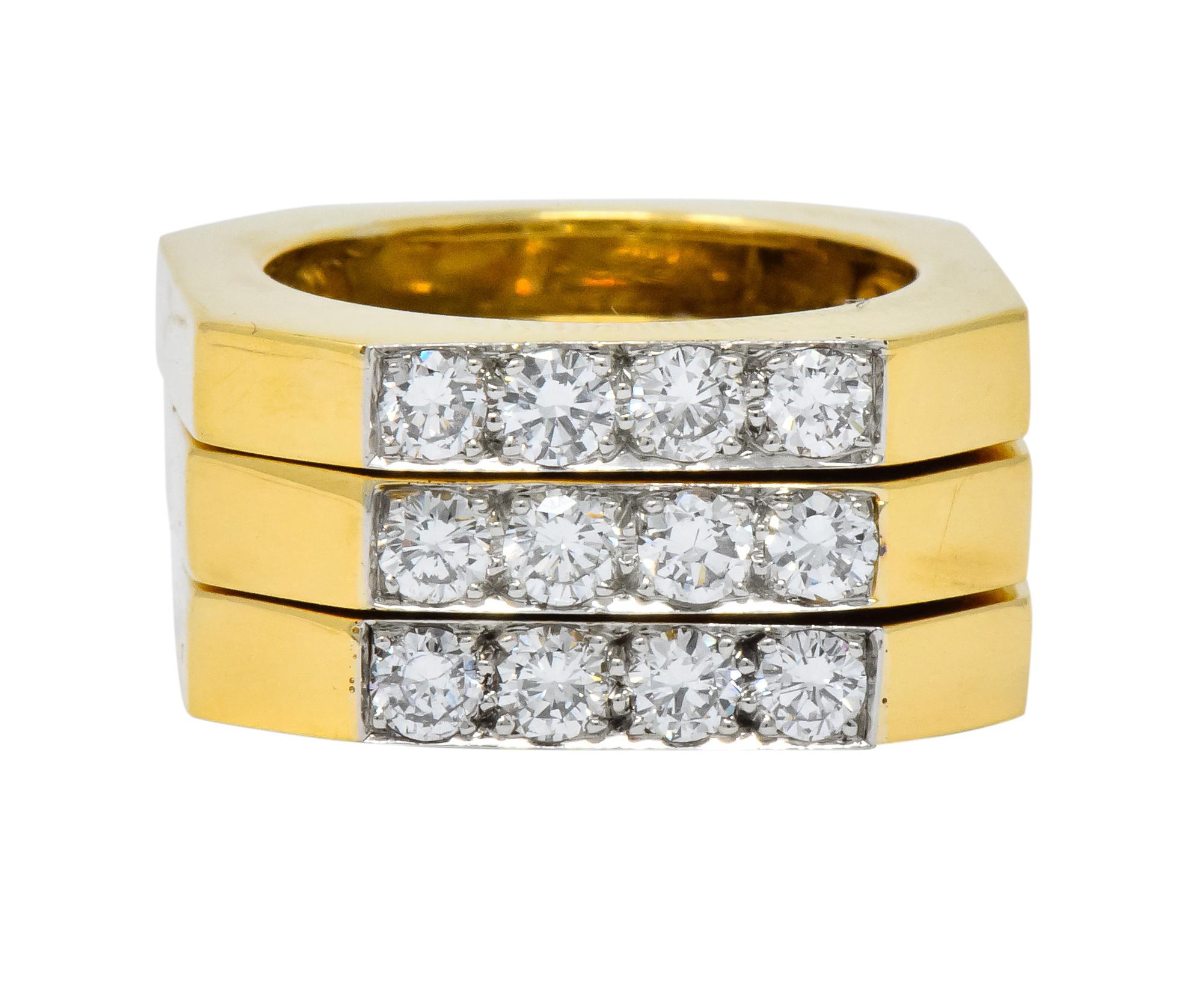 Designed as three high polished gold octagonal stacking rings

Each centering four round brilliant cut diamonds, bead set in platinum, weighing approximately 0.61 carat total, H/I color and VS clarity

Each signed Webb for David Webb with stamps for