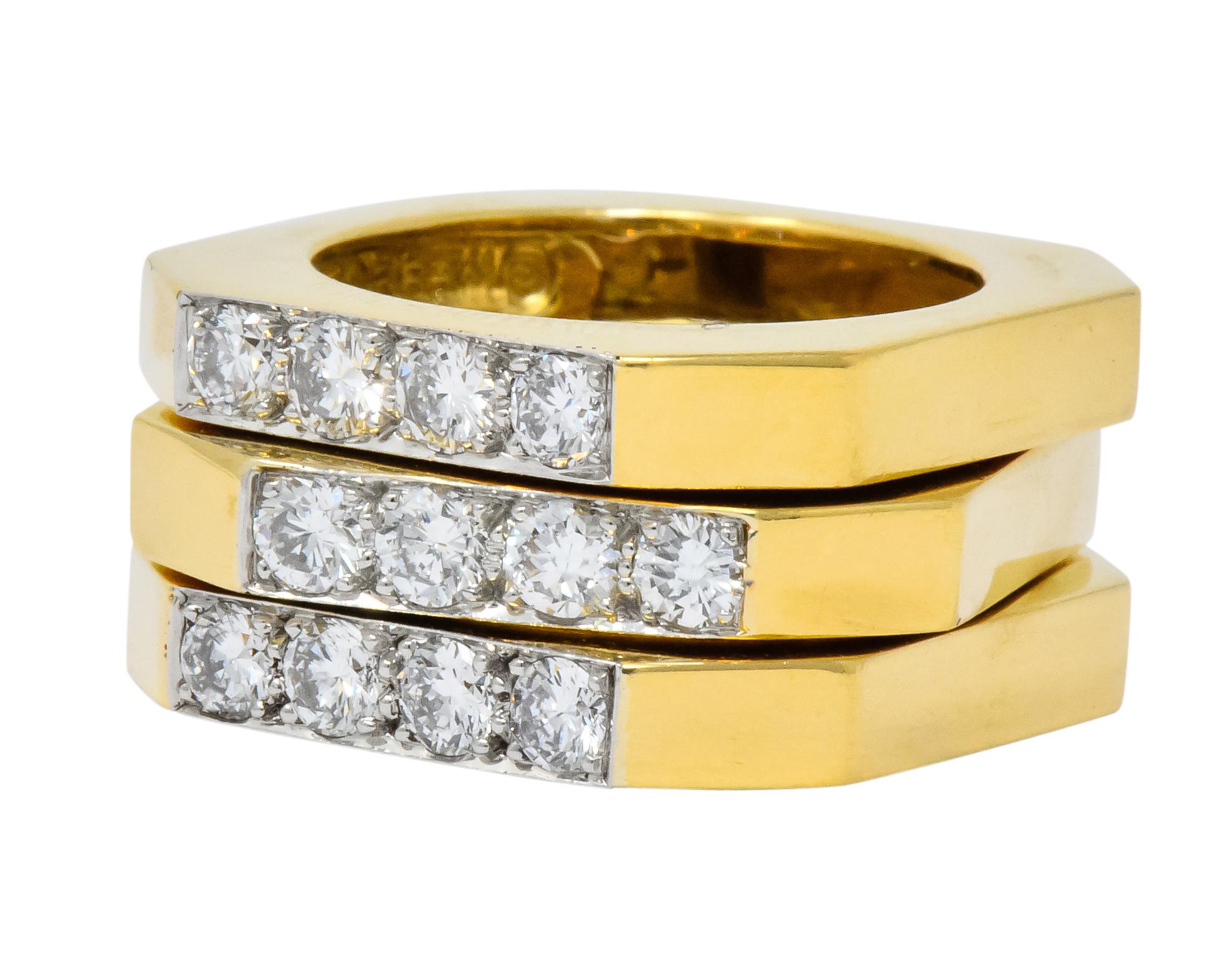 David Webb Vintage Diamond Platinum 18 Karat Gold Geometric Stacking Rings In Excellent Condition In Philadelphia, PA