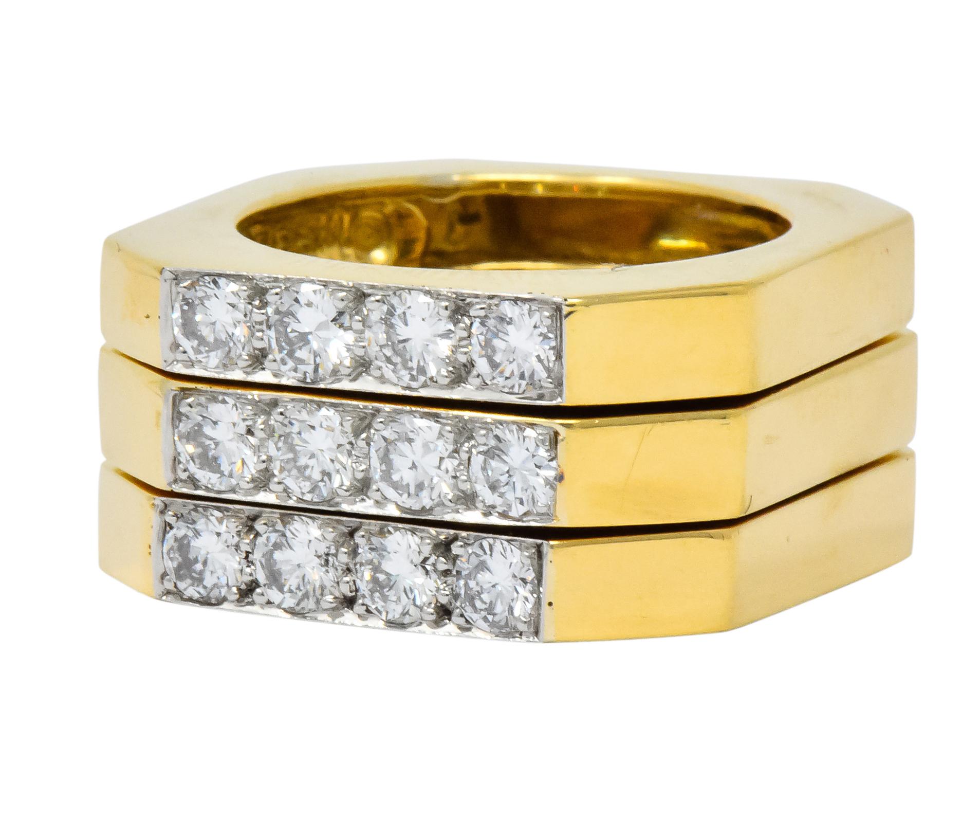 David Webb Vintage Diamond Platinum 18 Karat Gold Geometric Stacking Rings 2