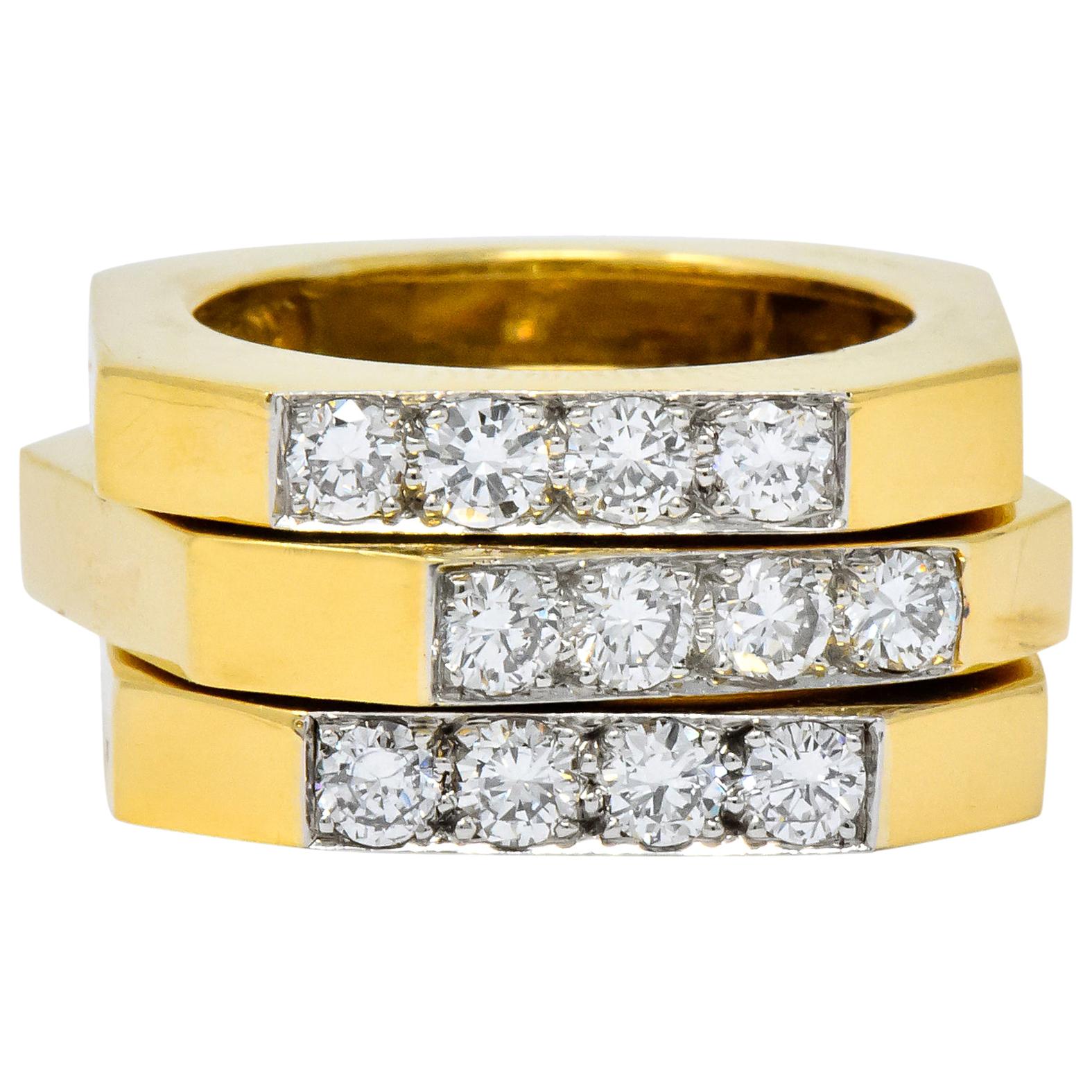 David Webb Vintage Diamond Platinum 18 Karat Gold Geometric Stacking Rings