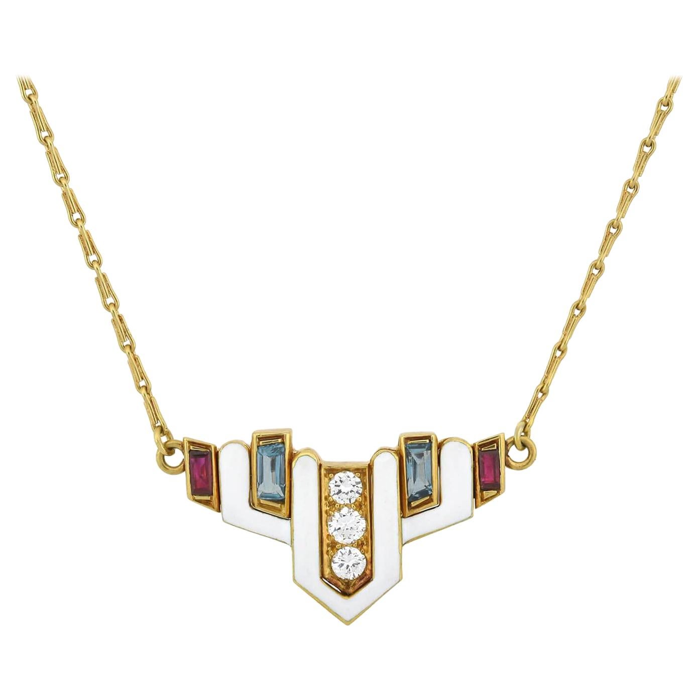 David Webb Vintage Enamel and Multi-Gemstone Necklace