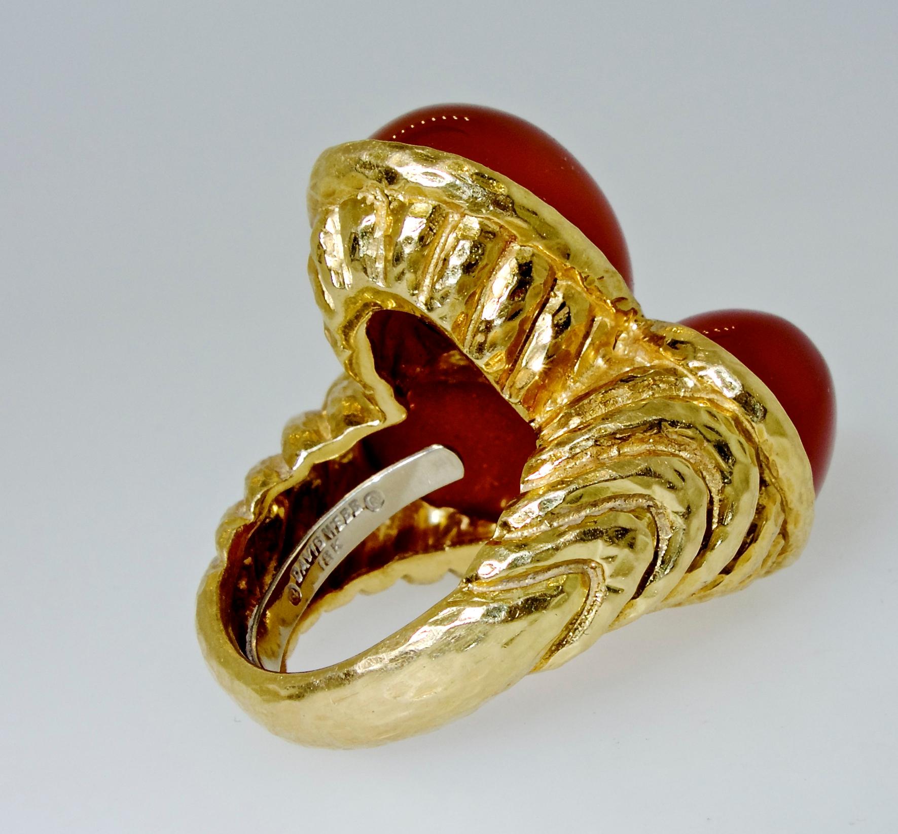 Women's or Men's David Webb Vintage Gold and Carnelian Bold and Unique Ring, circa 1960