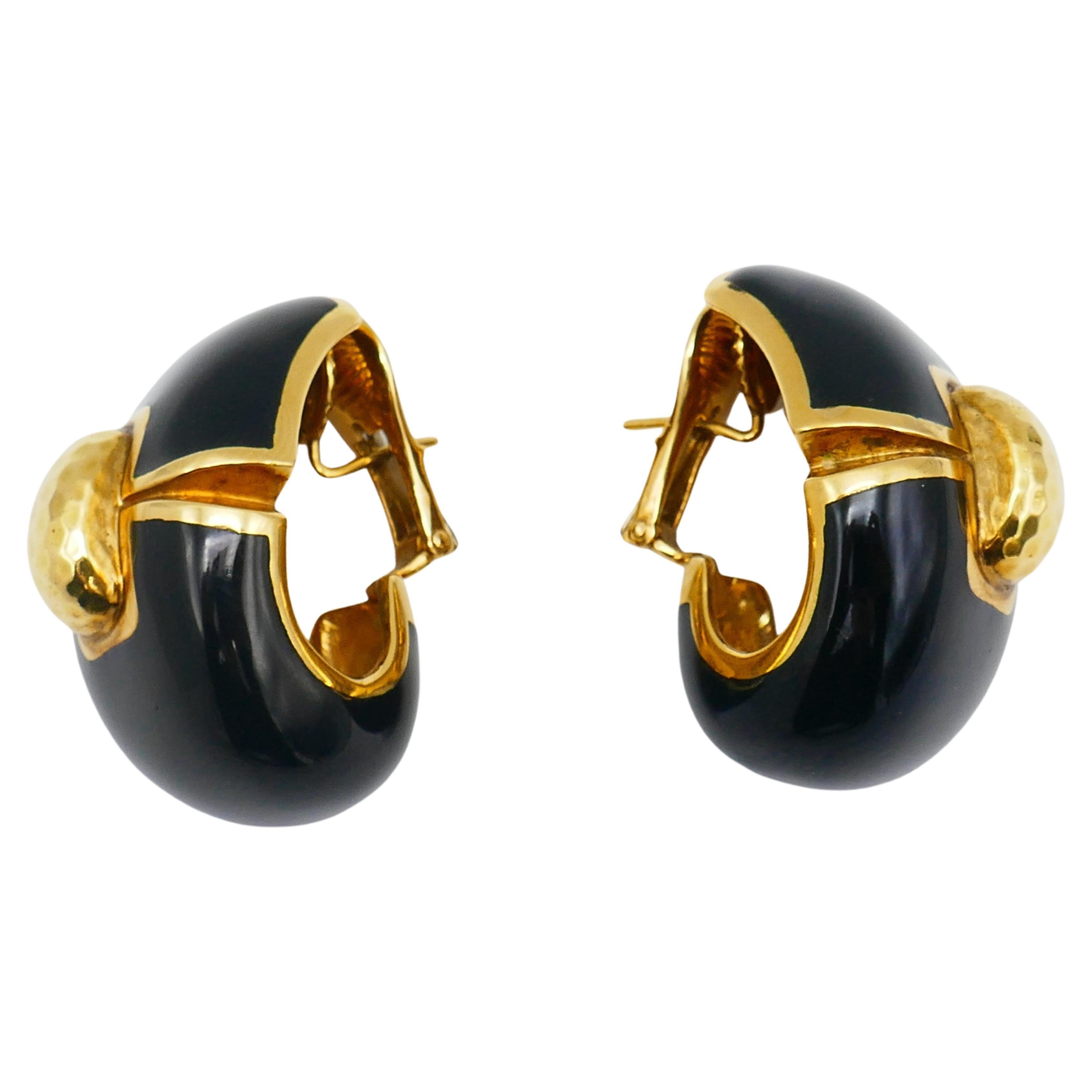 David Webb Vintage Gold Earrings Black Enamel For Sale 2