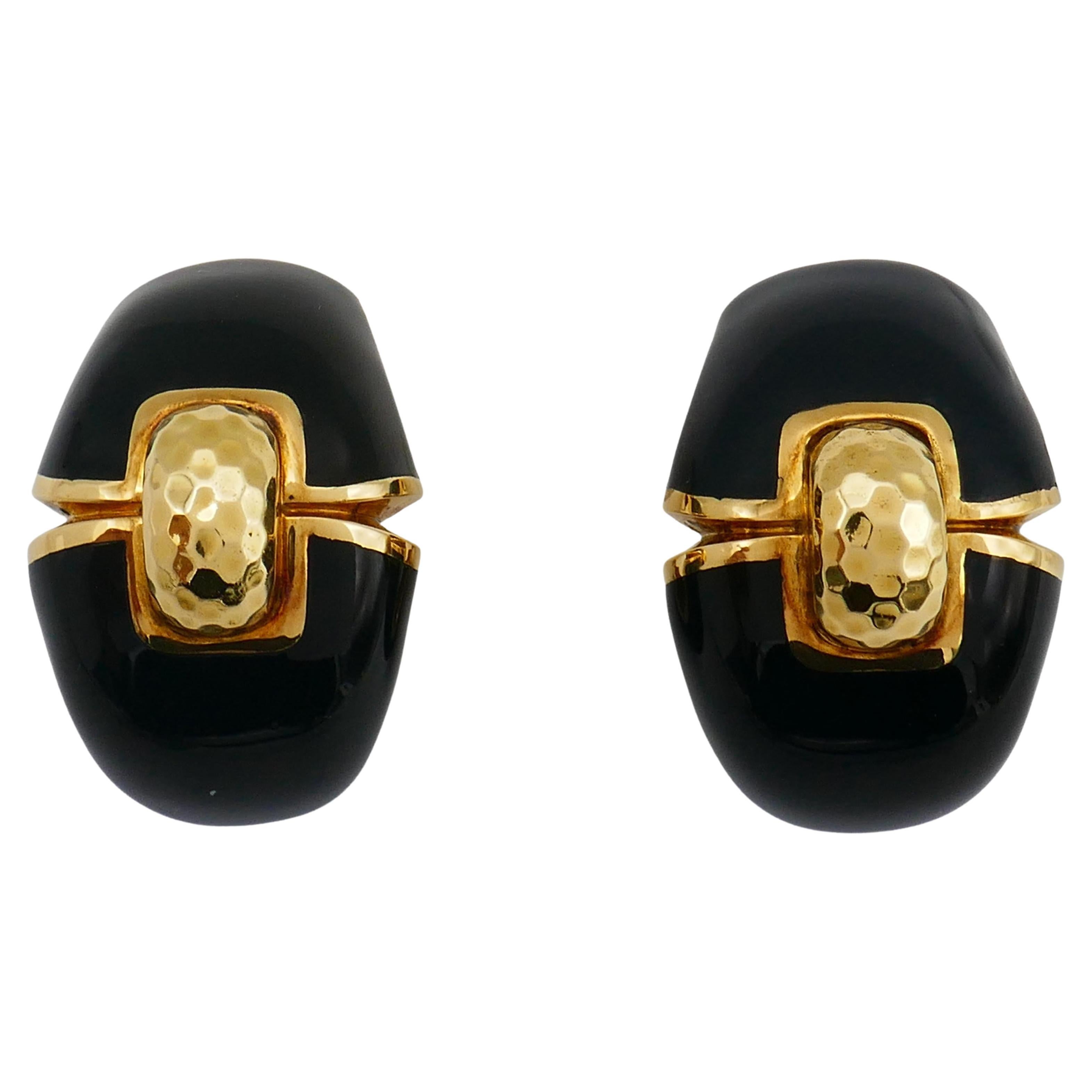David Webb Vintage Gold Earrings Black Enamel For Sale