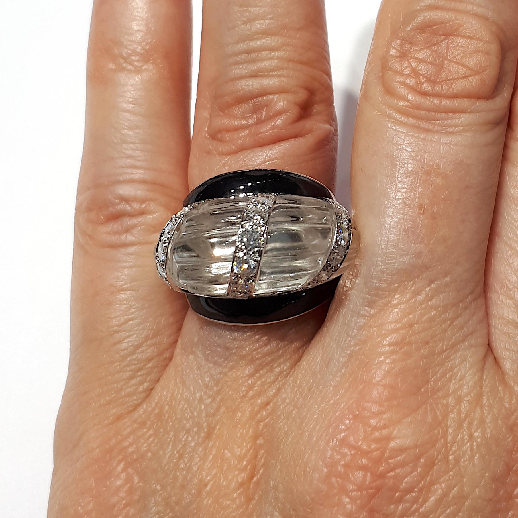 Women's David Webb Vintage Rock Crystal, Diamond And Enamel Ring, Circa 1980 For Sale