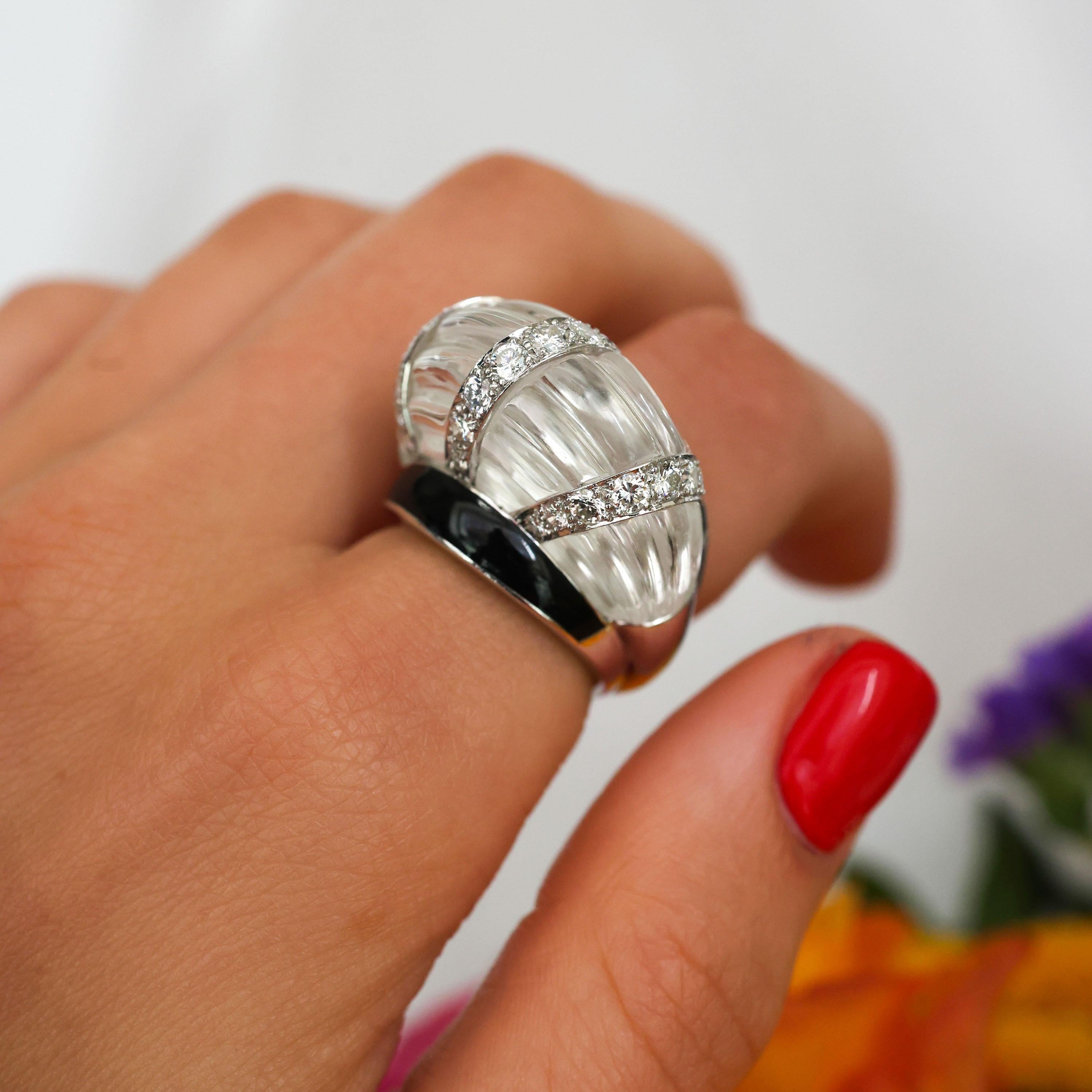Brilliant Cut David Webb Vintage Rock Crystal, Diamond And Enamel Ring, Circa 1980 For Sale