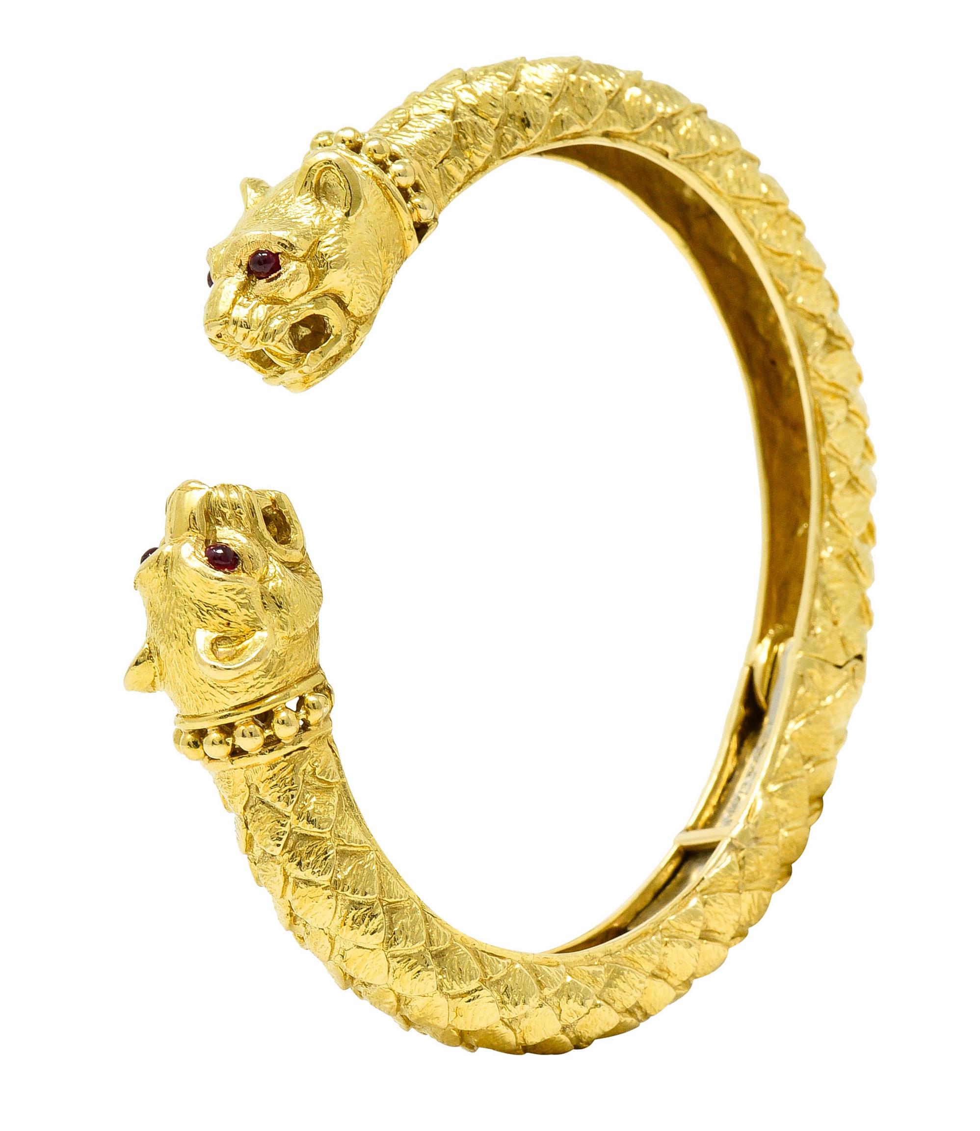 David Webb Vintage Ruby 18 Karat Yellow Gold Lion Head Kingdom Cuff Bracelet 6