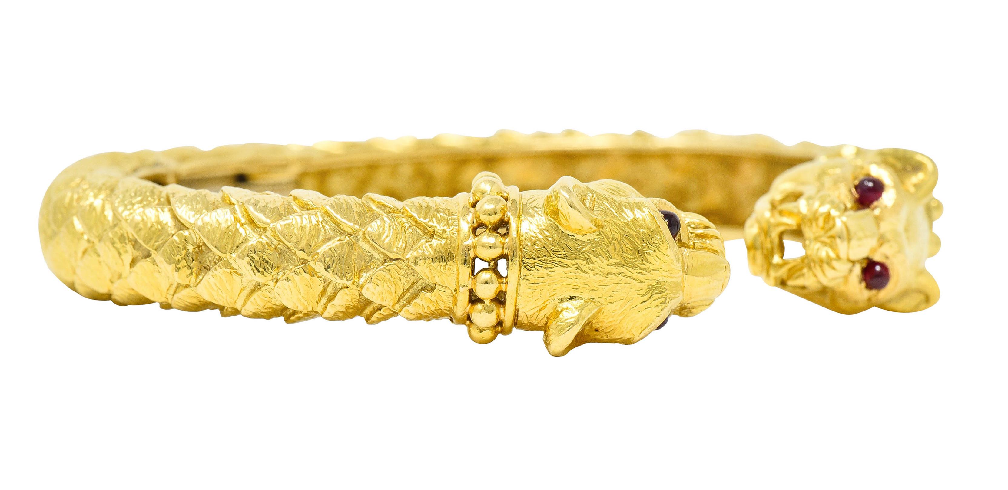 Contemporary David Webb Vintage Ruby 18 Karat Yellow Gold Lion Head Kingdom Cuff Bracelet