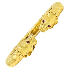 David Webb Vintage Ruby 18 Karat Yellow Gold Lion Head Kingdom Cuff Bracelet