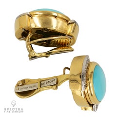 David Webb Vintage Turquoise Diamond Half Halo Button Earrings