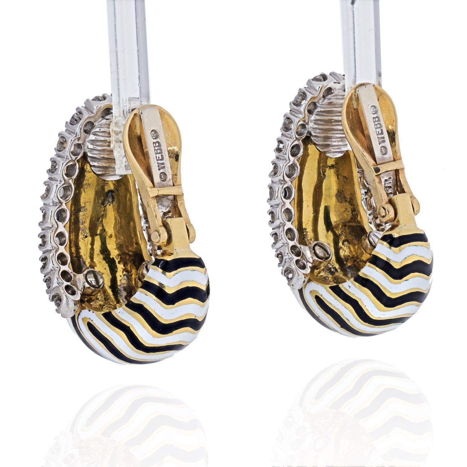 Modern David Webb Vreeland Diamond Zebra Black & White Enamel Earrings For Sale