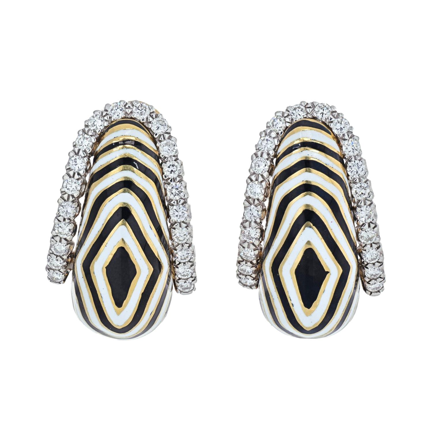 David Webb Vreeland Diamond Zebra Black & White Enamel Earrings For Sale