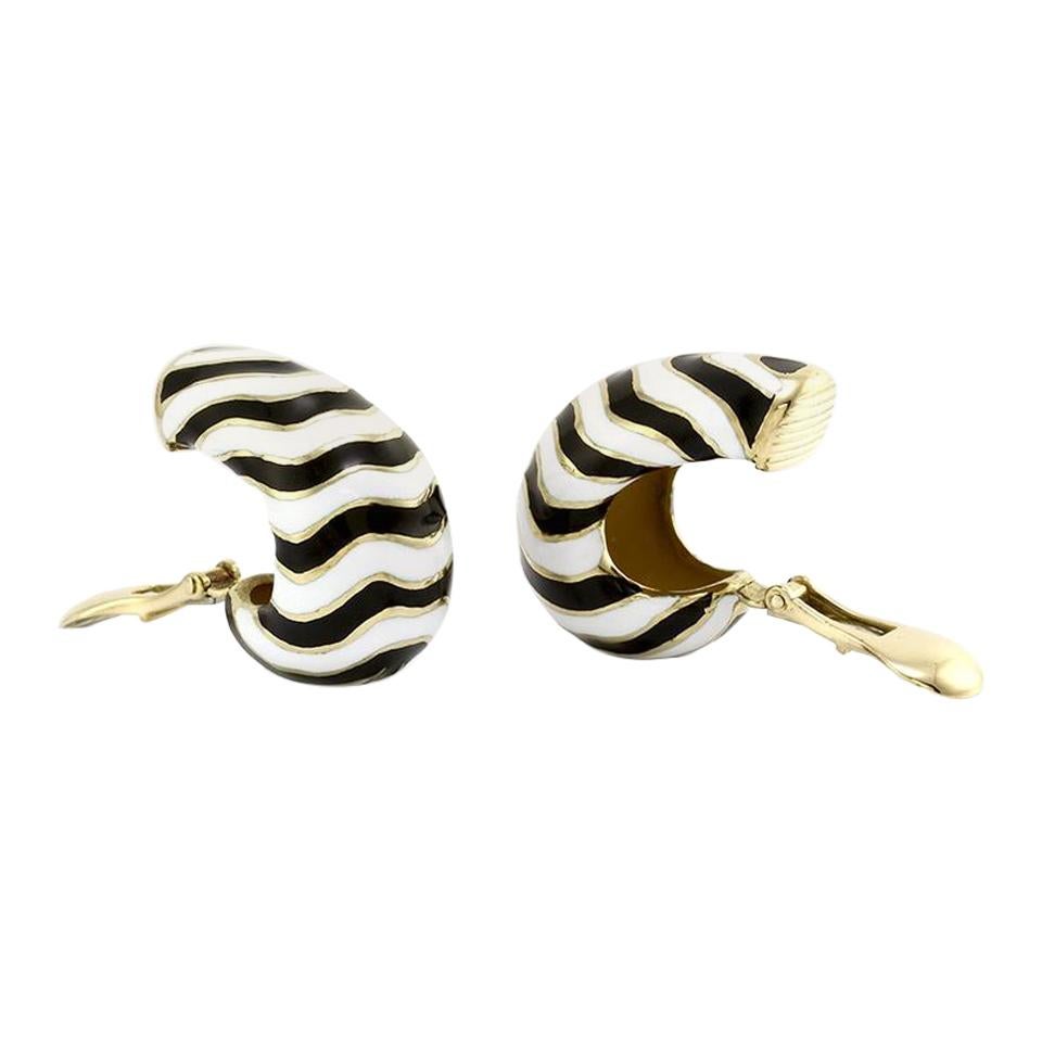 David Webb White and Black Kingdom Enamel Zebra In 18 Karat Gold Earrings