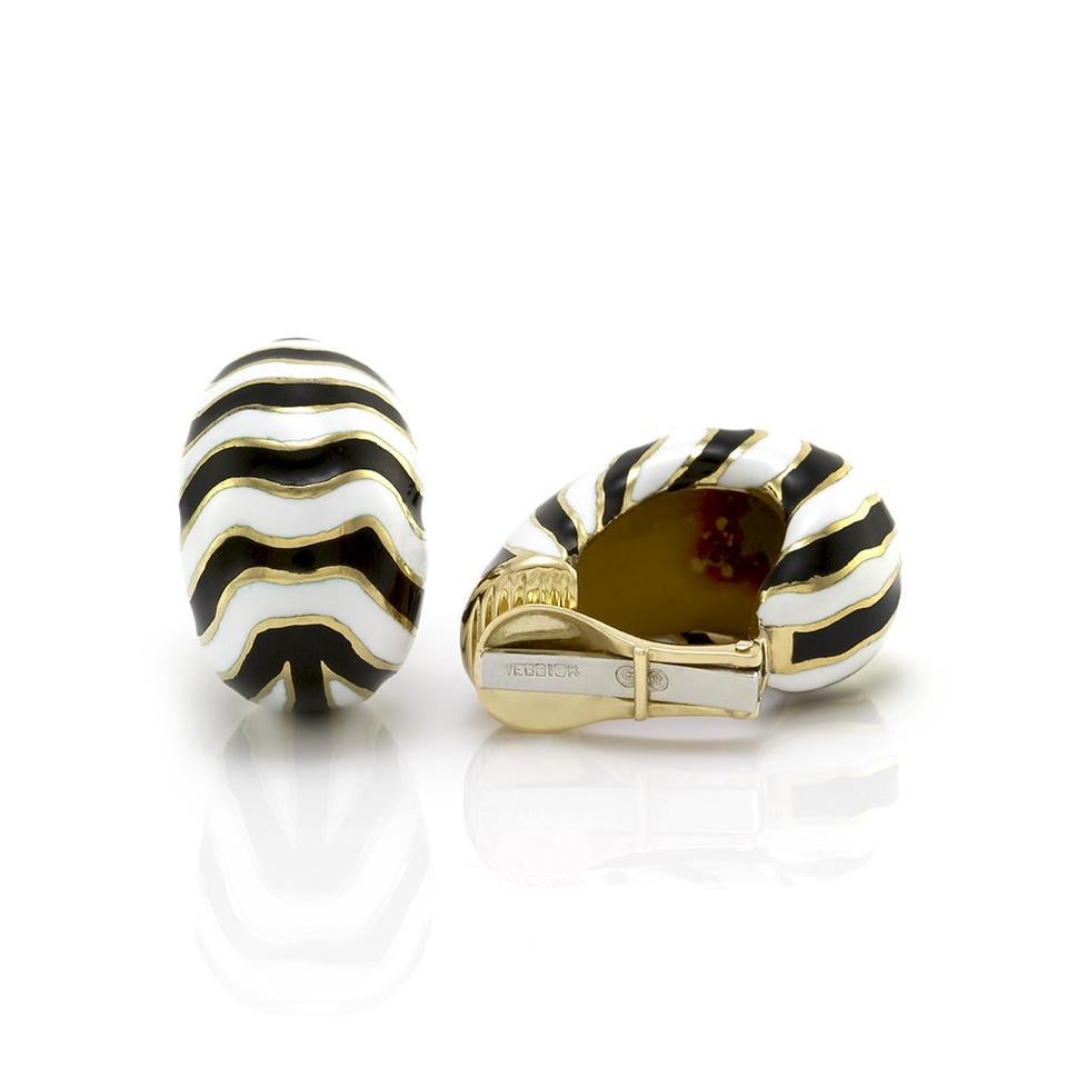 Women's David Webb White and Black Kingdom Enamel Zebra In 18 Karat Gold Earrings