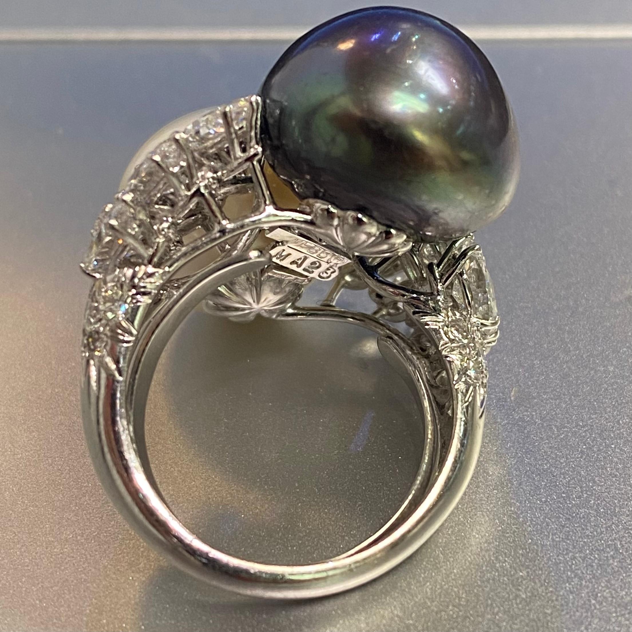 Marquise Cut David Webb White and Black Pearl You & Me Ring For Sale