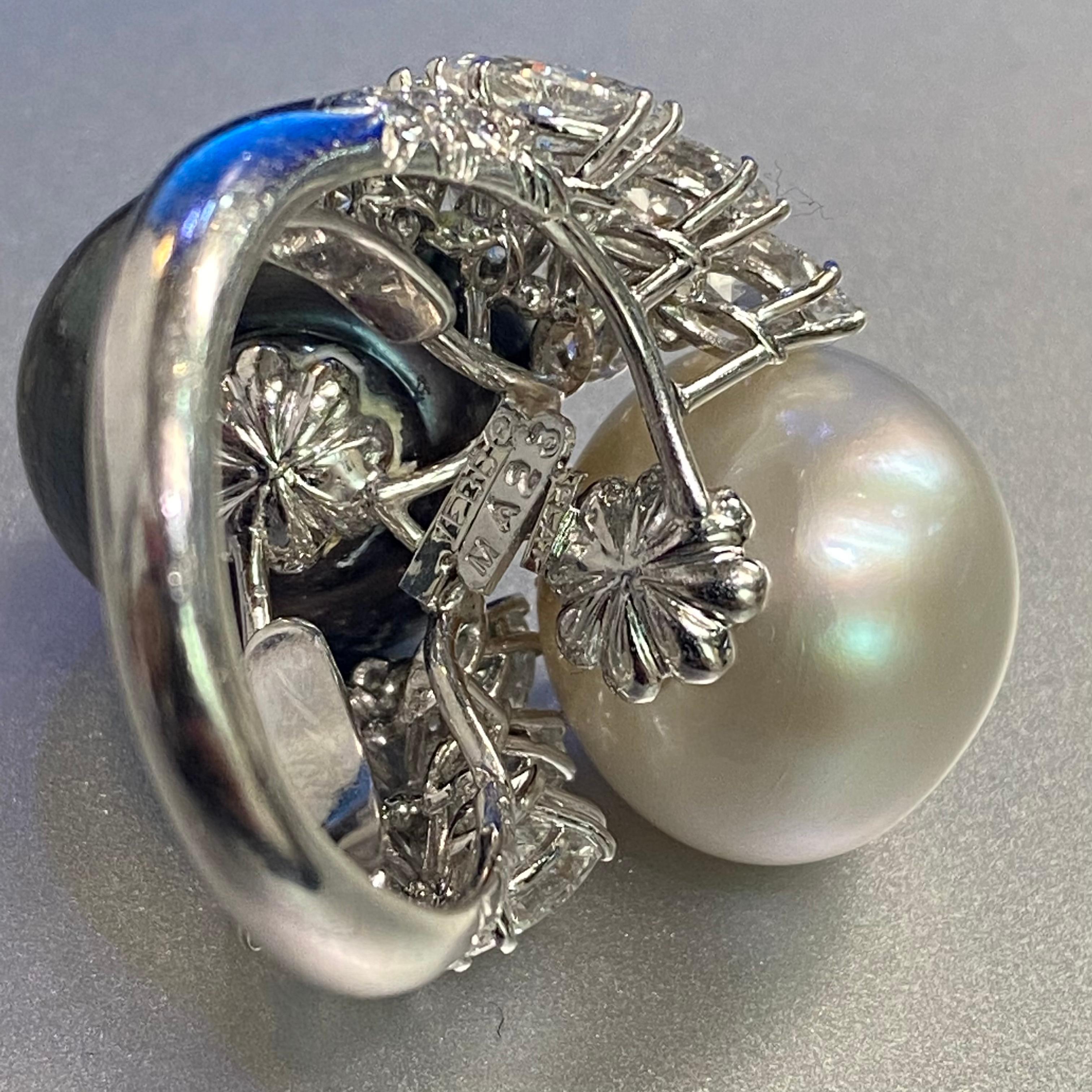 Women's David Webb White and Black Pearl You & Me Ring For Sale