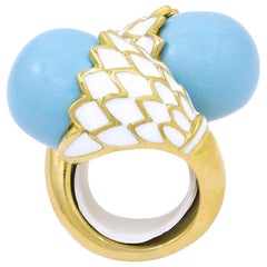 David Webb White, Blue Enamel Cross over Ring