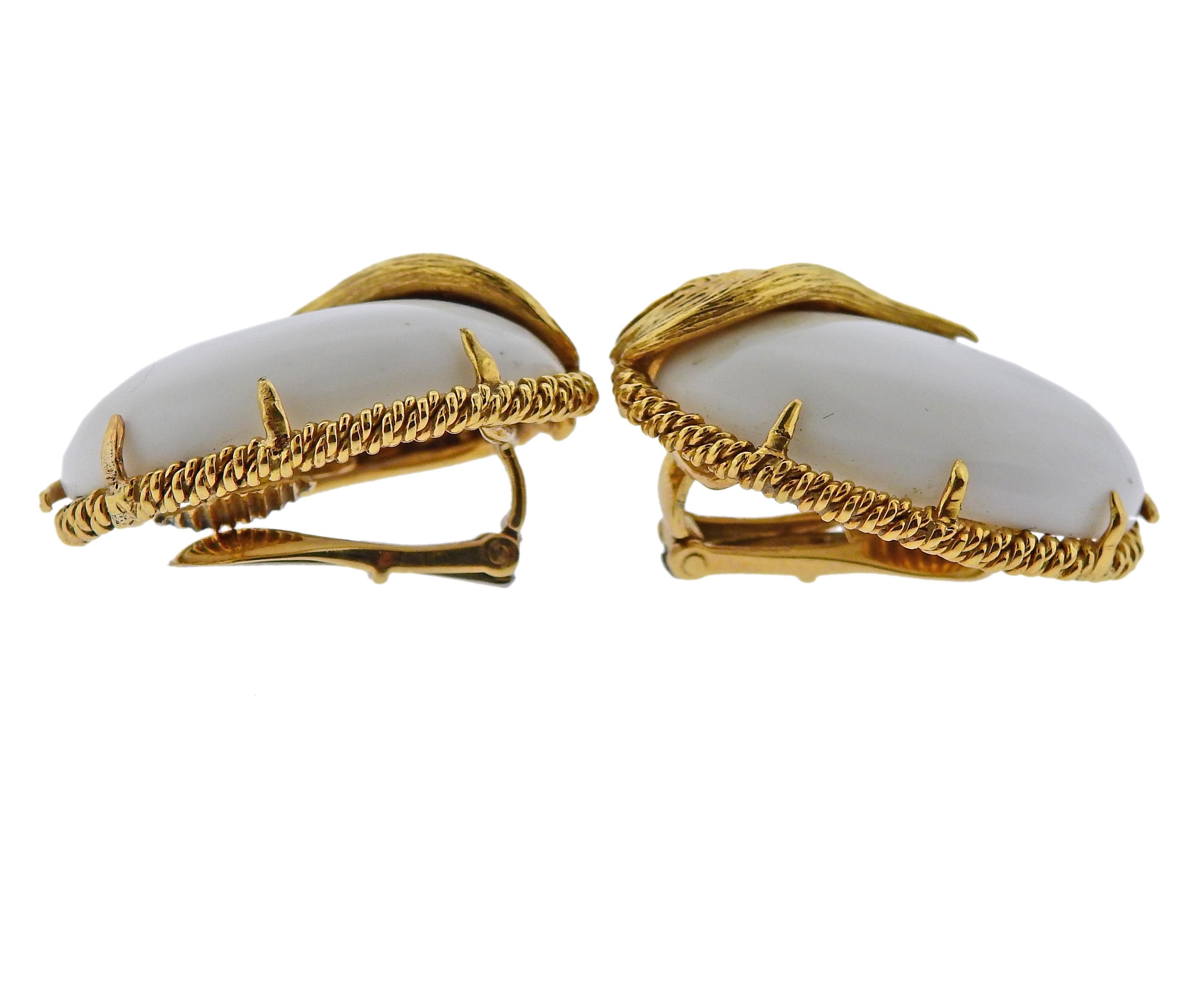 Pair of vintage 18k gold oval earrings by David Webb, set with white coral. Earrings are 28mm x 24mm. Marked Webb 18k. Weigh 25.9 grams.

SKU#E-02998