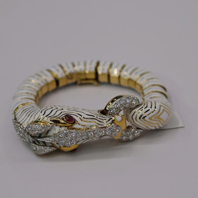 David Webb White Diamond Ruby Enamel Gold Platinum Zebra Bracelet For ...