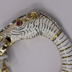 David Webb White Diamond Ruby Enamel Gold Platinum Zebra Bracelet