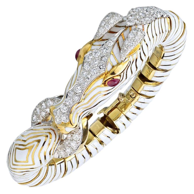 David Webb White Diamond Ruby Enamel Gold Platinum Zebra Bracelet For Sale  at 1stDibs