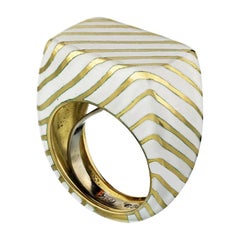 David Webb White Enamel 18 Karat Yellow Gold Striped Pinky Ring