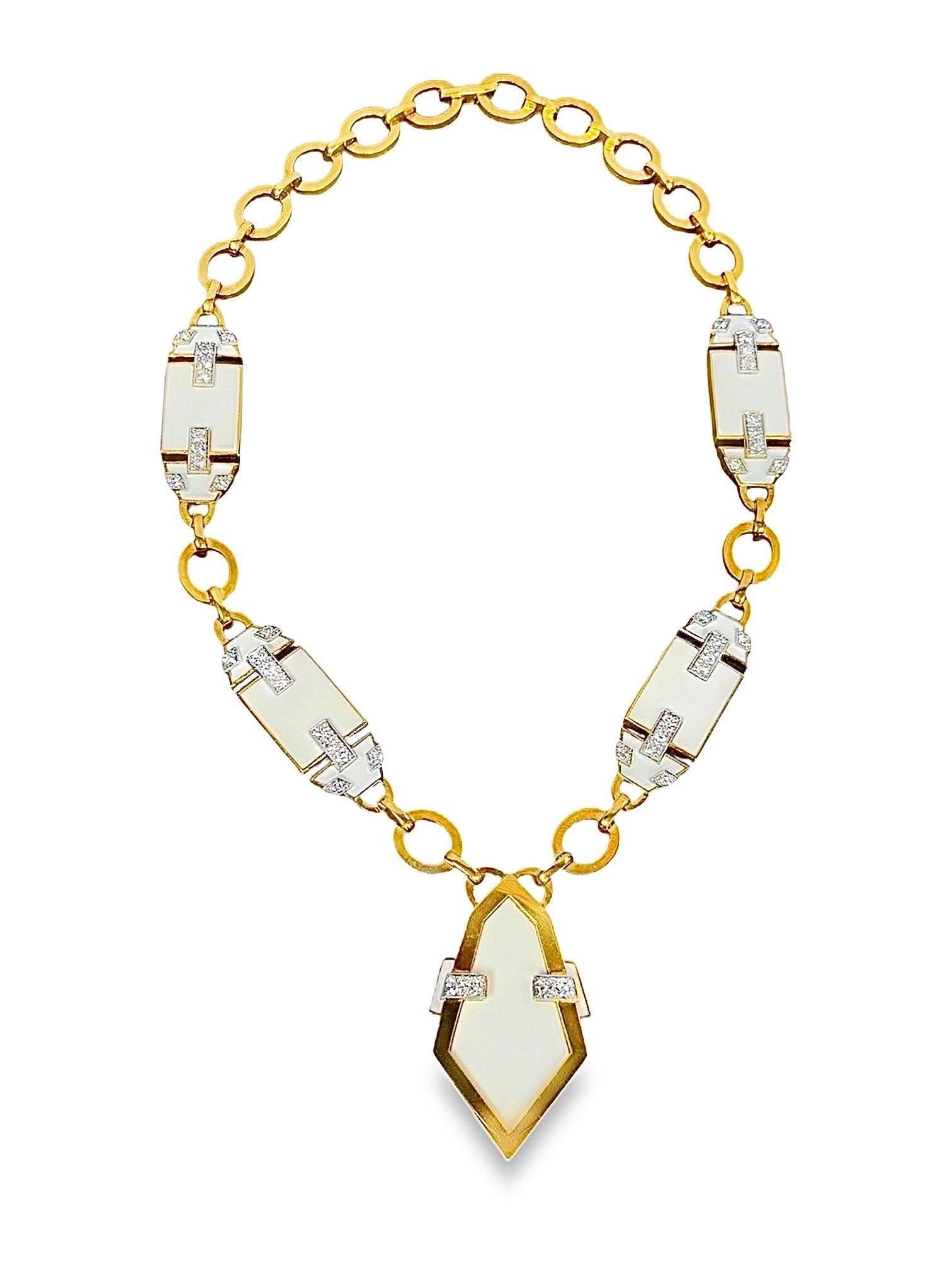 David Webb White Enamel and Diamond Necklace For Sale