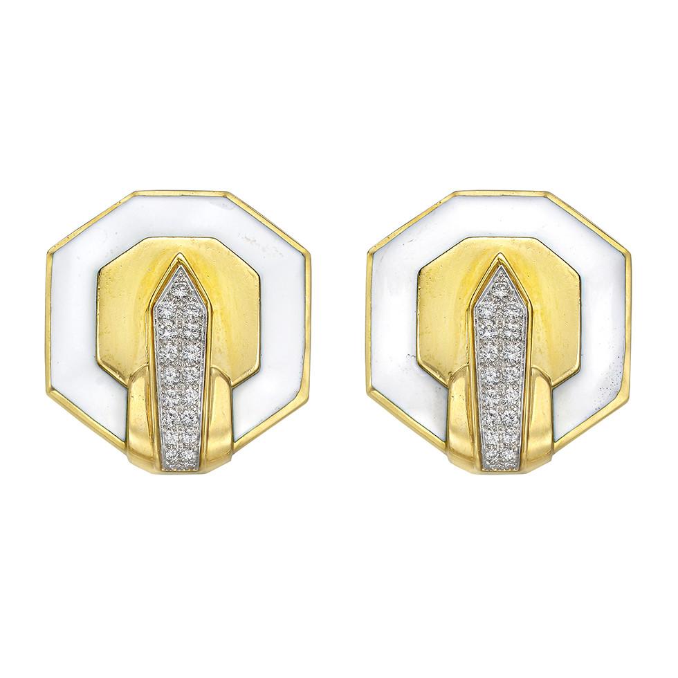 Octagonal-shaped earclips, featuring white enamel with brilliant-cut diamond accents at center, in 18k yellow gold.

Stamped 'WEBB' for David Webb
38 diamonds weighing ~1.00 total carats (E-F color, VVS1-VVS2 clarity)
Clip backs
Minor chips to white