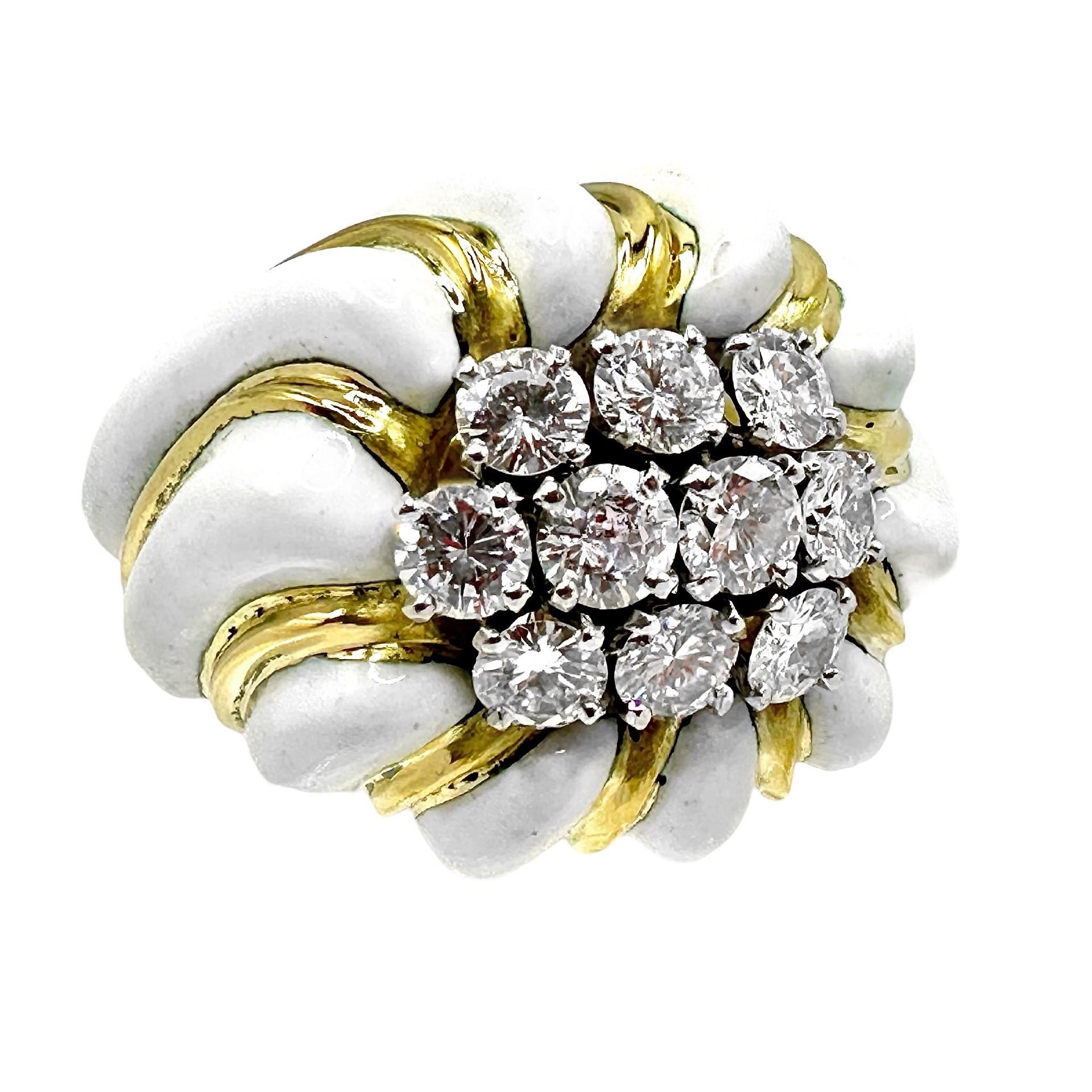 Modern David Webb White Enamel and Diamond Ring in 18k Yellow Gold and Platinum