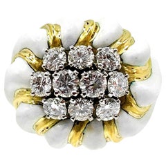 David Webb White Enamel and Diamond Ring in 18k Yellow Gold and Platinum