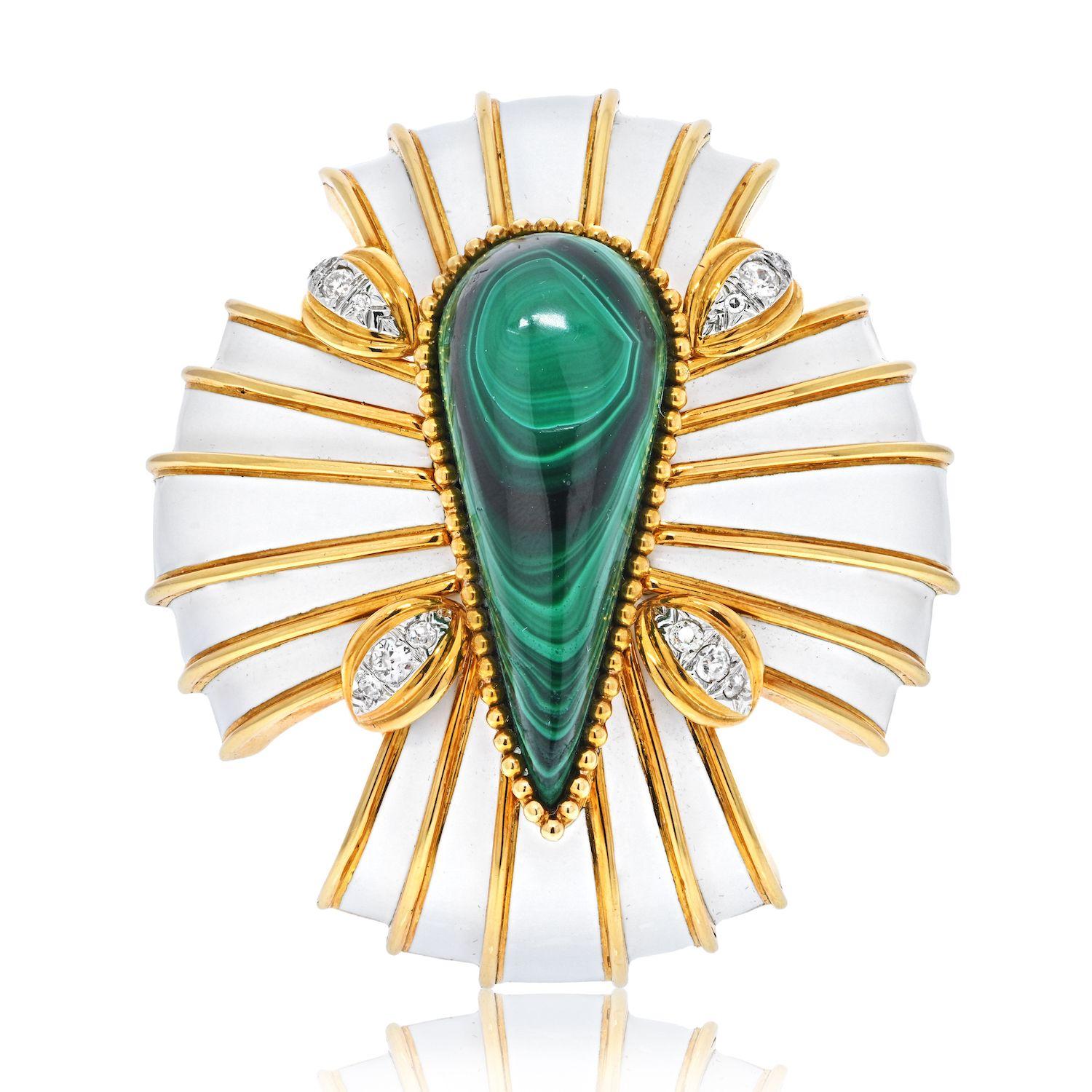 Stunning bold and colorful brooch/pendant created by David Webb in the 1980's. It is designed as a stylized Maltese cross and features a prominent tear-drop shape malachite in the center. The pin is made of yellow gold inlaid with white enamel and