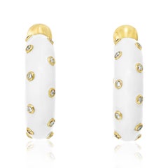 David Webb White Enamel Bezel Diamond Set Mini Hoop Earrings