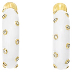 David Webb White Enamel Bezel Diamond Set Mini Hoop Earrings