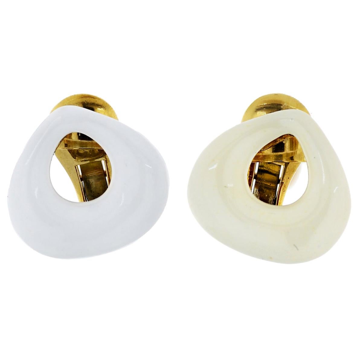 David Webb White Enamel Clip-On Earrings 18 Karat Yellow Gold