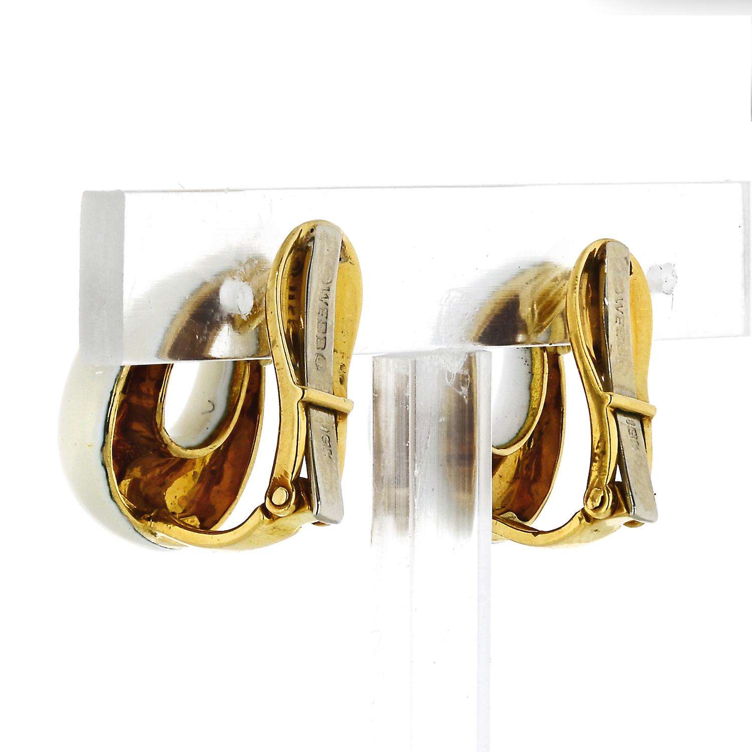 Modern David Webb White Enamel Clip-On Earrings 18 Karat Yellow Gold