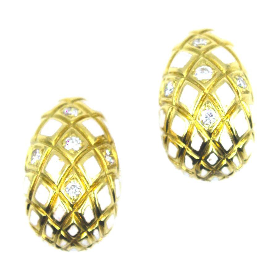 David Webb White Enamel Diamond Clip-On Earrings