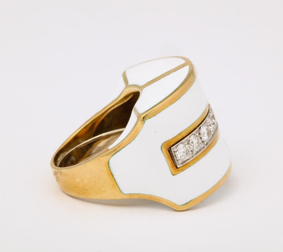 David Webb White Enamel Diamond Geometric Ring For Sale 4