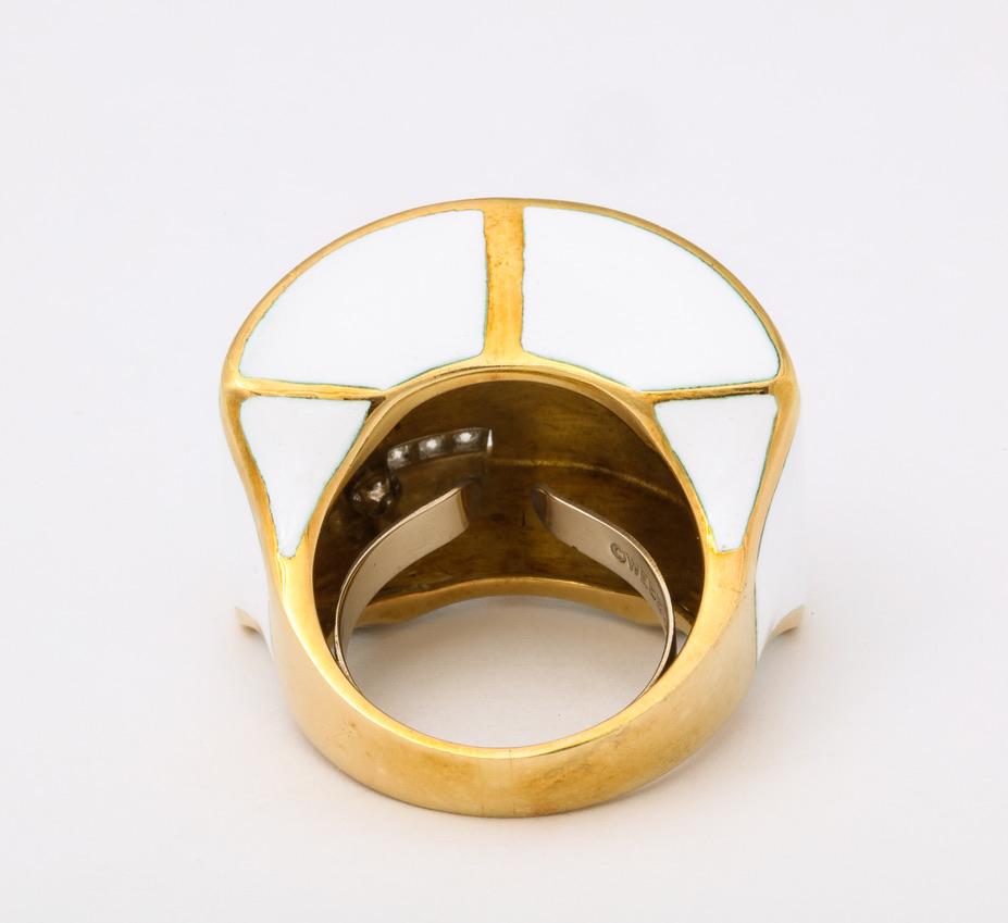 David Webb White Enamel Diamond Geometric Ring For Sale 6