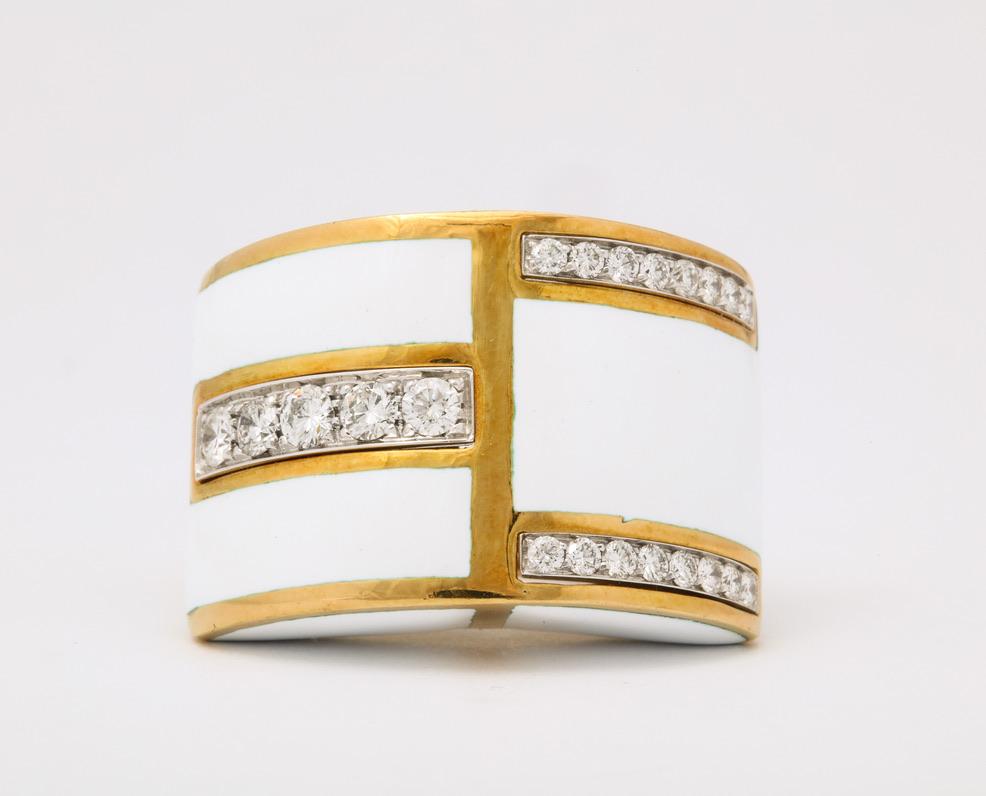 Round Cut David Webb White Enamel Diamond Geometric Ring For Sale