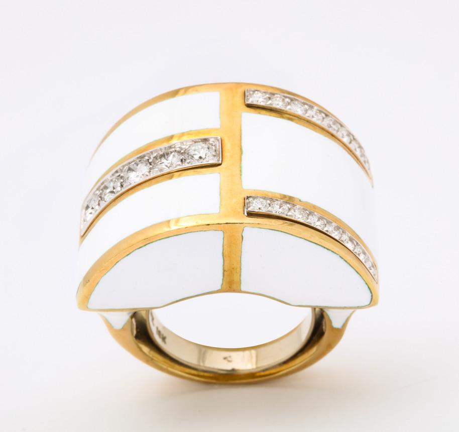 David Webb White Enamel Diamond Geometric Ring In Excellent Condition For Sale In Bal Harbour, FL