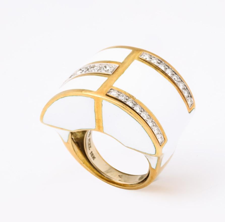 Women's or Men's David Webb White Enamel Diamond Geometric Ring For Sale