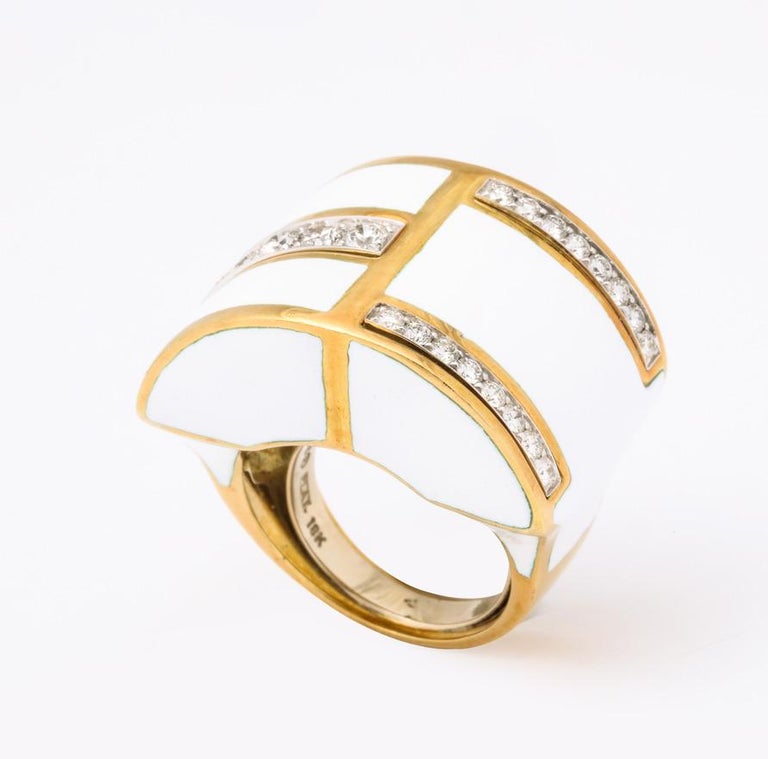 David Webb White Enamel Diamond Geometric Ring For Sale at 1stDibs