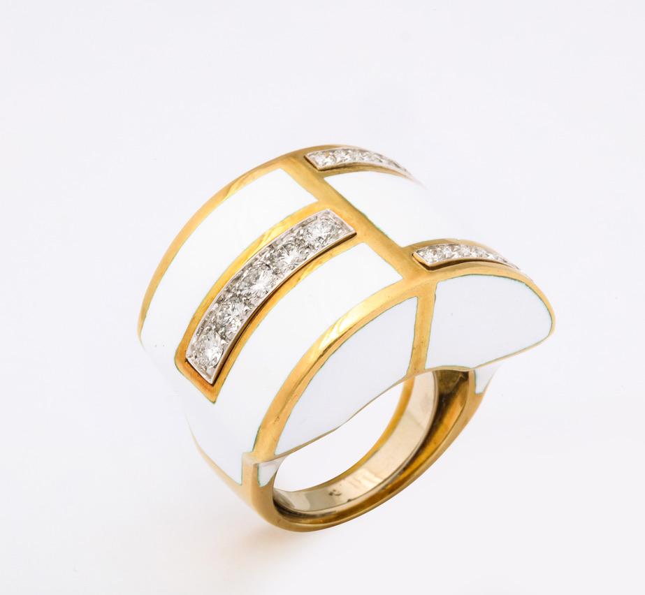 David Webb White Enamel Diamond Geometric Ring For Sale 1