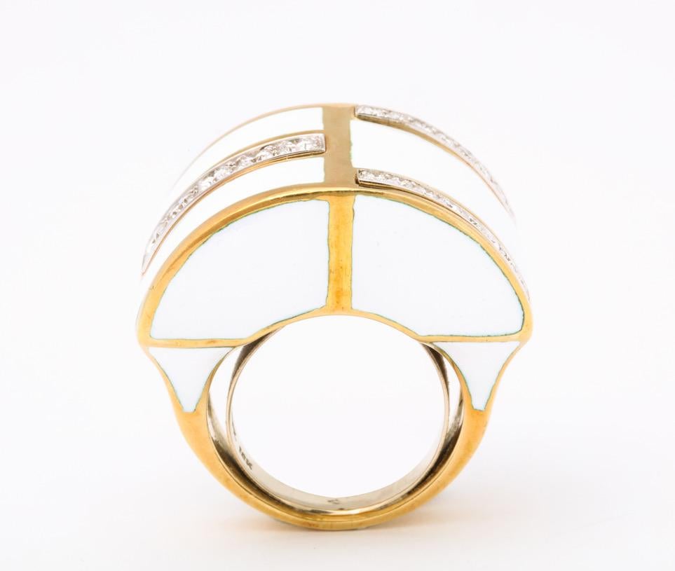 David Webb White Enamel Diamond Geometric Ring For Sale 2